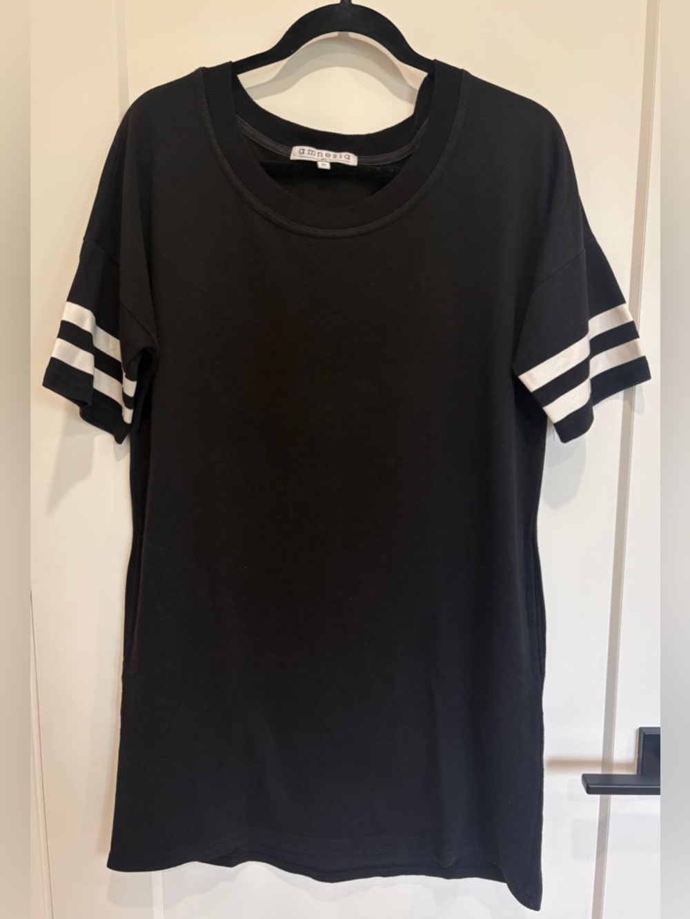 Amnesia Black Tee Dress with White Sleeve Stripes
